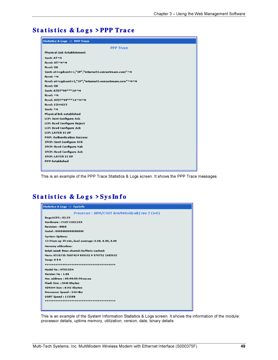 Multi-Tech Systems MTCBA-C-EN-NX, MTCBA-E-EN, MTCBA-G-EN-FX manual Statistics & Logs PPP Trace, Statistics & Logs SysInfo 