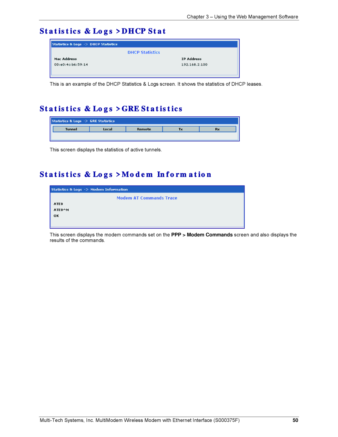 Multi-Tech Systems MTCBA-G-EN-FX, MTCBA-E-EN, MTCBA-C-EN-NX Statistics & Logs Dhcp Stat, Statistics & Logs GRE Statistics 