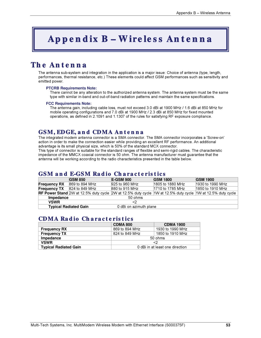 Multi-Tech Systems MTCBA-G-EN-FX Appendix B Wireless Antenna, GSM, EDGE, and Cdma Antenna, Cdma Radio Characteristics 