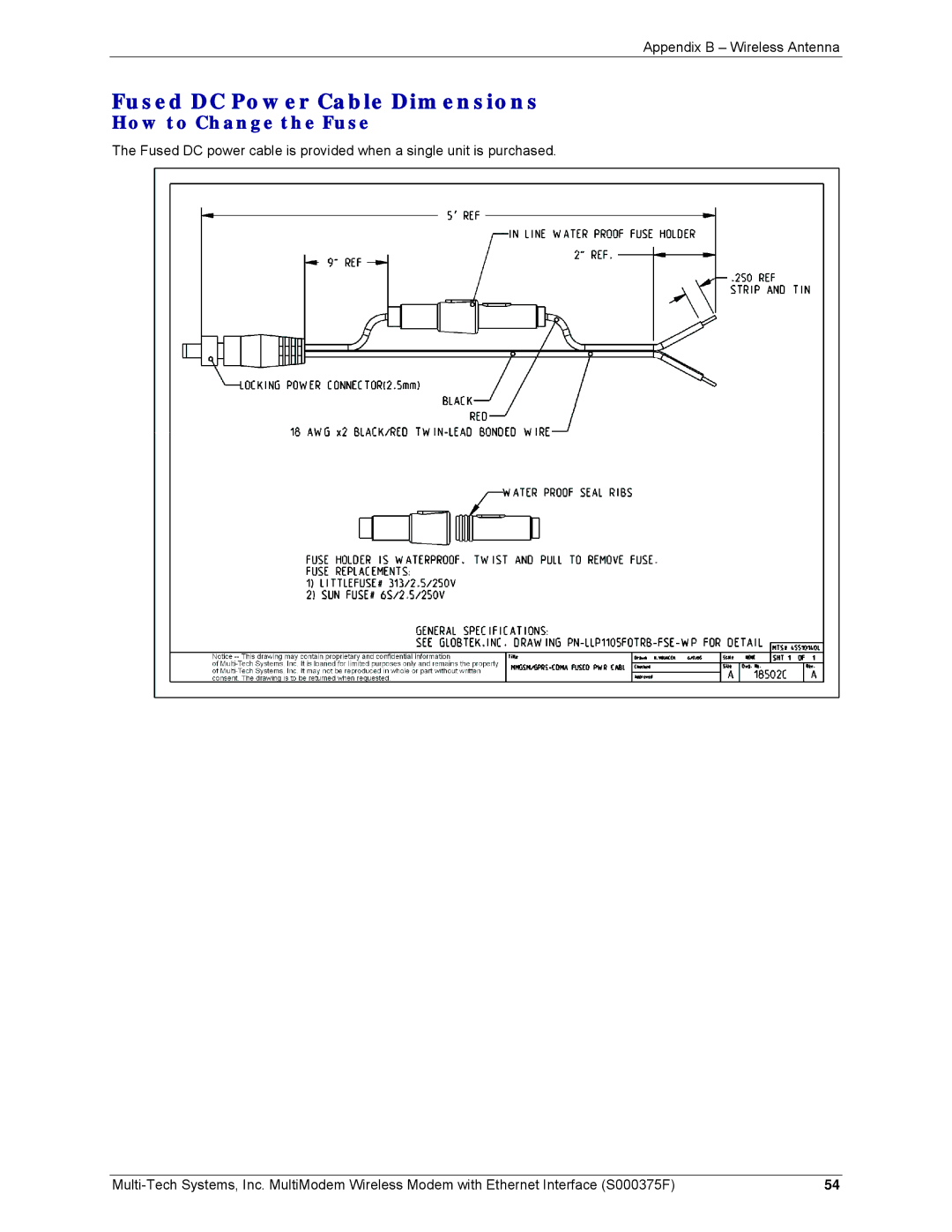 Multi-Tech Systems MTCBA-E-EN, MTCBA-C-EN-NX, MTCBA-G-EN-FX manual Fused DC Power Cable Dimensions, How to Change the Fuse 
