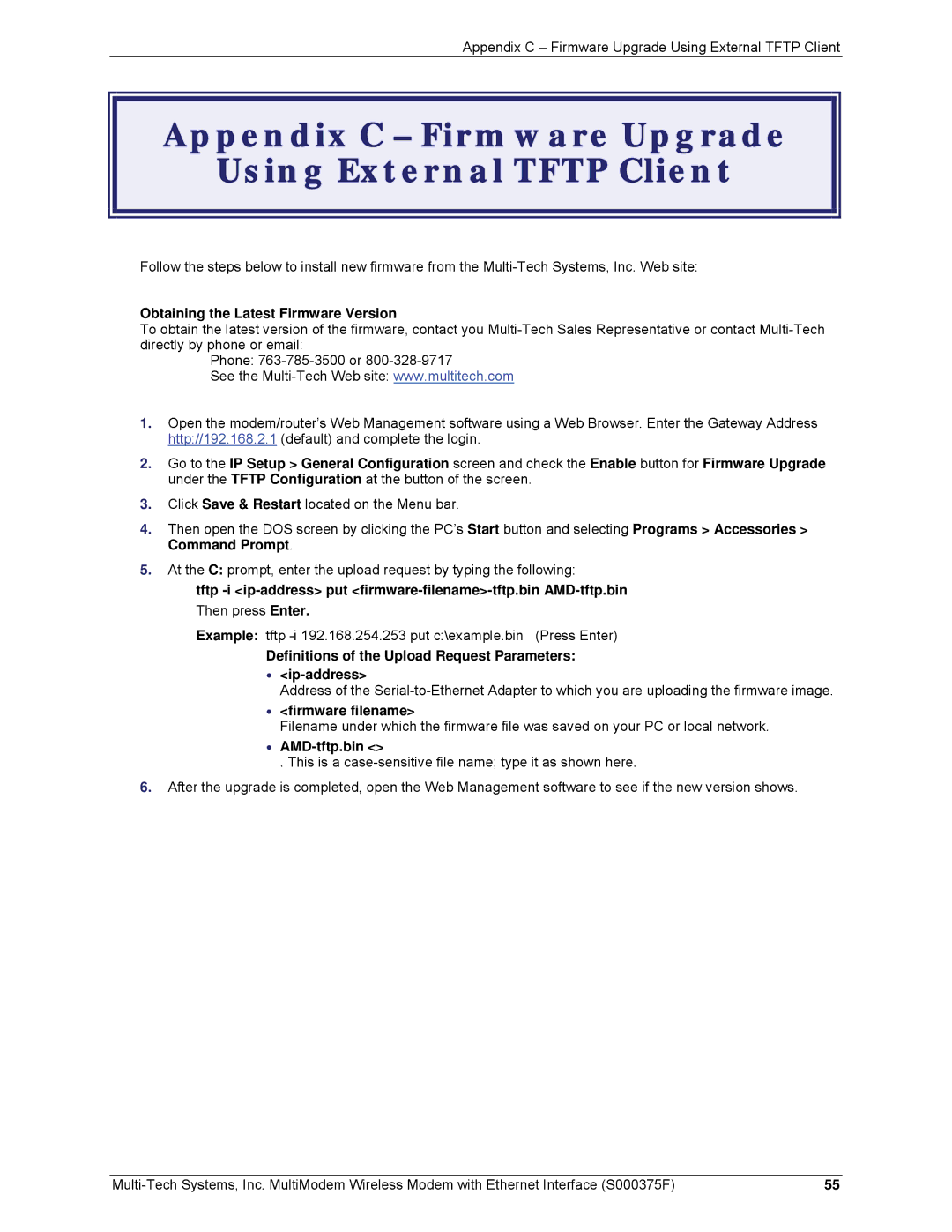 Multi-Tech Systems MTCBA-C-EN-NX, MTCBA-E-EN, MTCBA-G-EN-FX manual Appendix C Firmware Upgrade Using External Tftp Client 