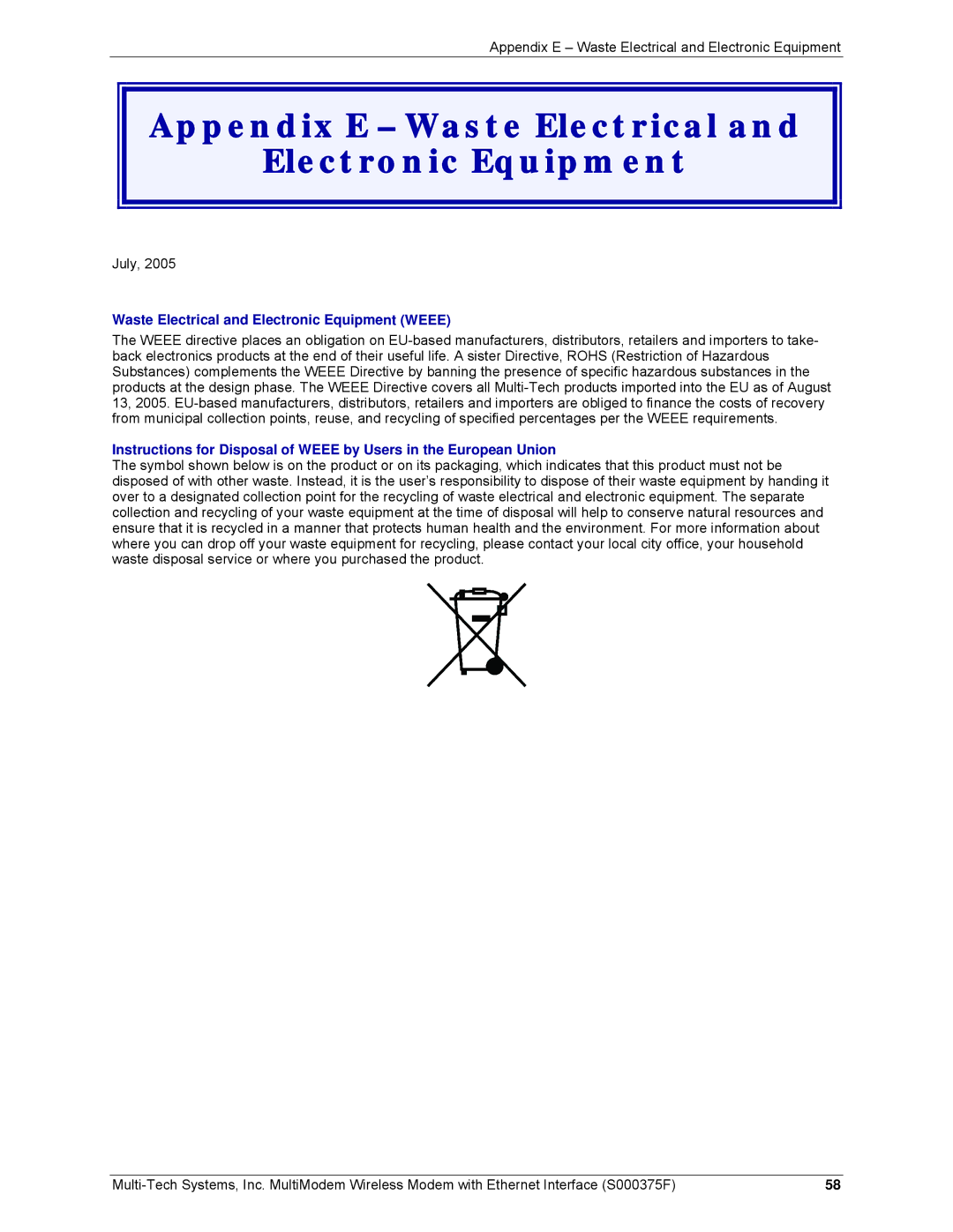 Multi-Tech Systems MTCBA-C-EN-NX, MTCBA-E-EN, MTCBA-G-EN-FX manual Appendix E Waste Electrical Electronic Equipment 