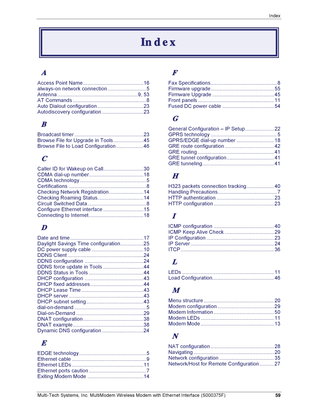 Multi-Tech Systems MTCBA-G-EN-FX, MTCBA-E-EN, MTCBA-C-EN-NX manual Index, General Configuration IP Setup 