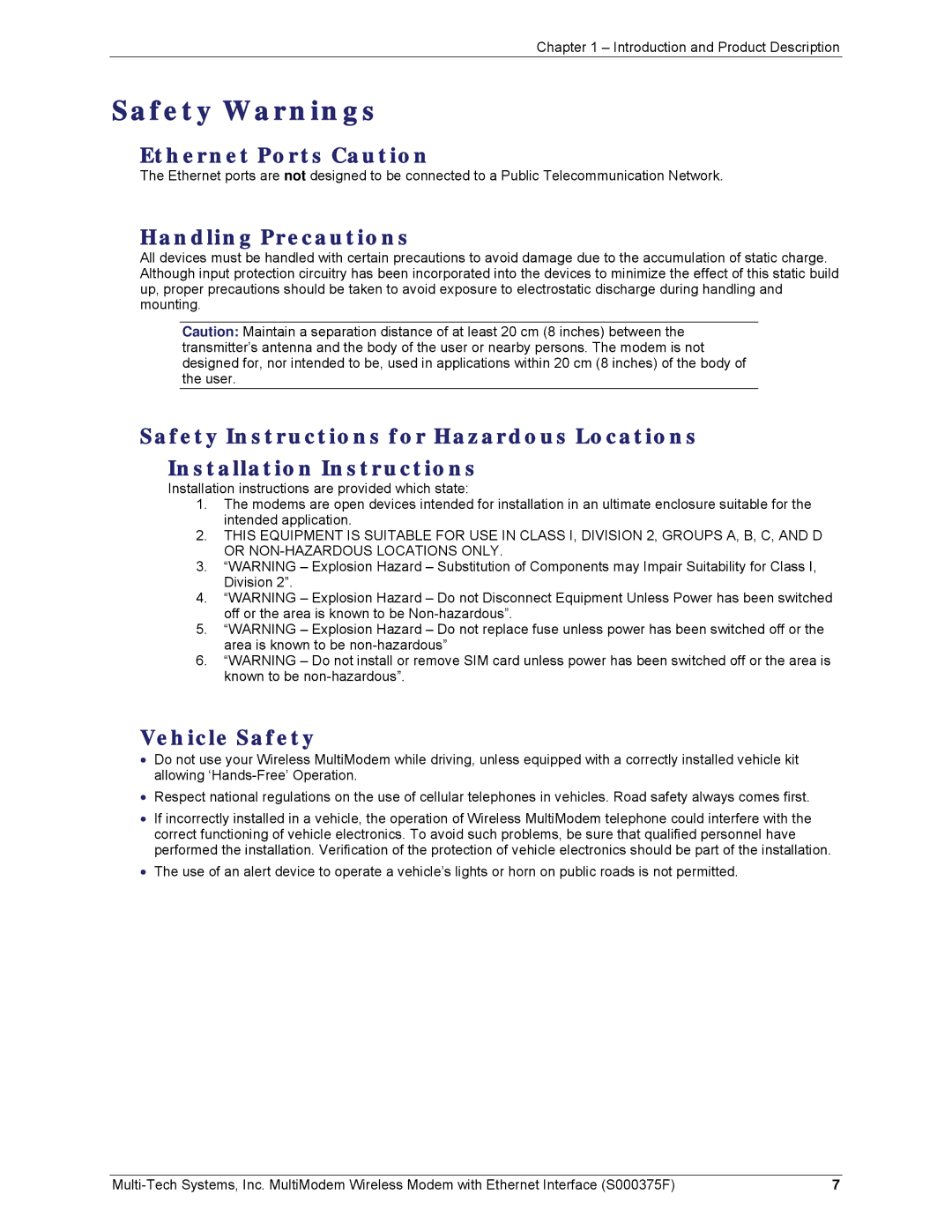 Multi-Tech Systems MTCBA-C-EN-NX, MTCBA-E-EN Safety Warnings, Ethernet Ports Caution, Handling Precautions, Vehicle Safety 