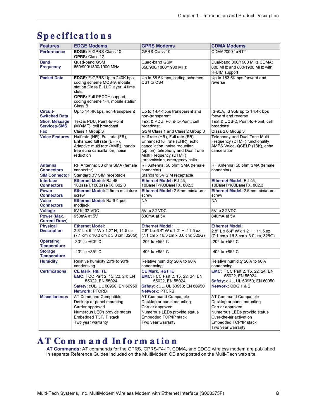 Multi-Tech Systems MTCBA-G-EN-FX Specifications, AT Command Information, Features Edge Modems Gprs Modems Cdma Modems 