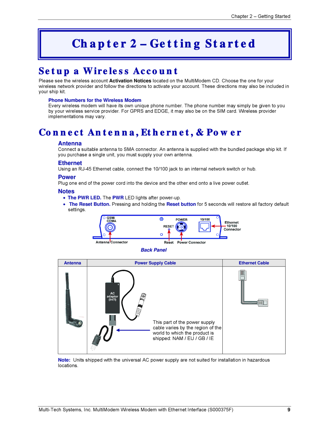 Multi-Tech Systems MTCBA-E-EN, MTCBA-C-EN-NX Getting Started, Setup a Wireless Account, Connect Antenna, Ethernet, & Power 