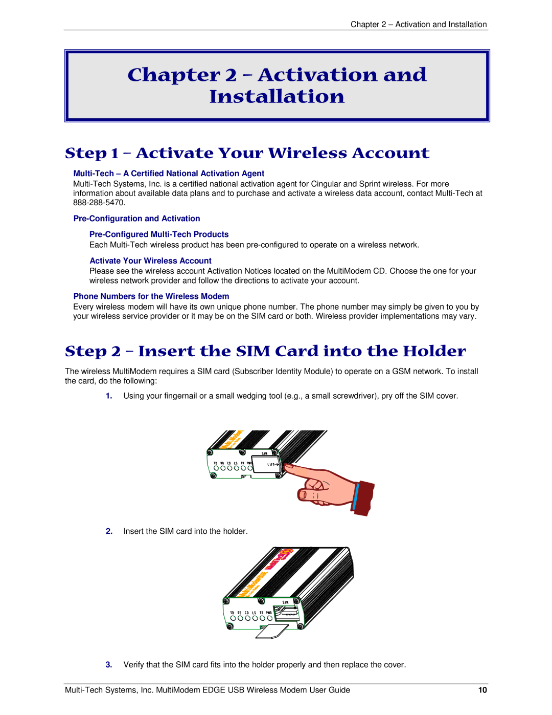 Multi-Tech Systems MTCBA-E-U Activation Installation, Activate Your Wireless Account, Insert the SIM Card into the Holder 