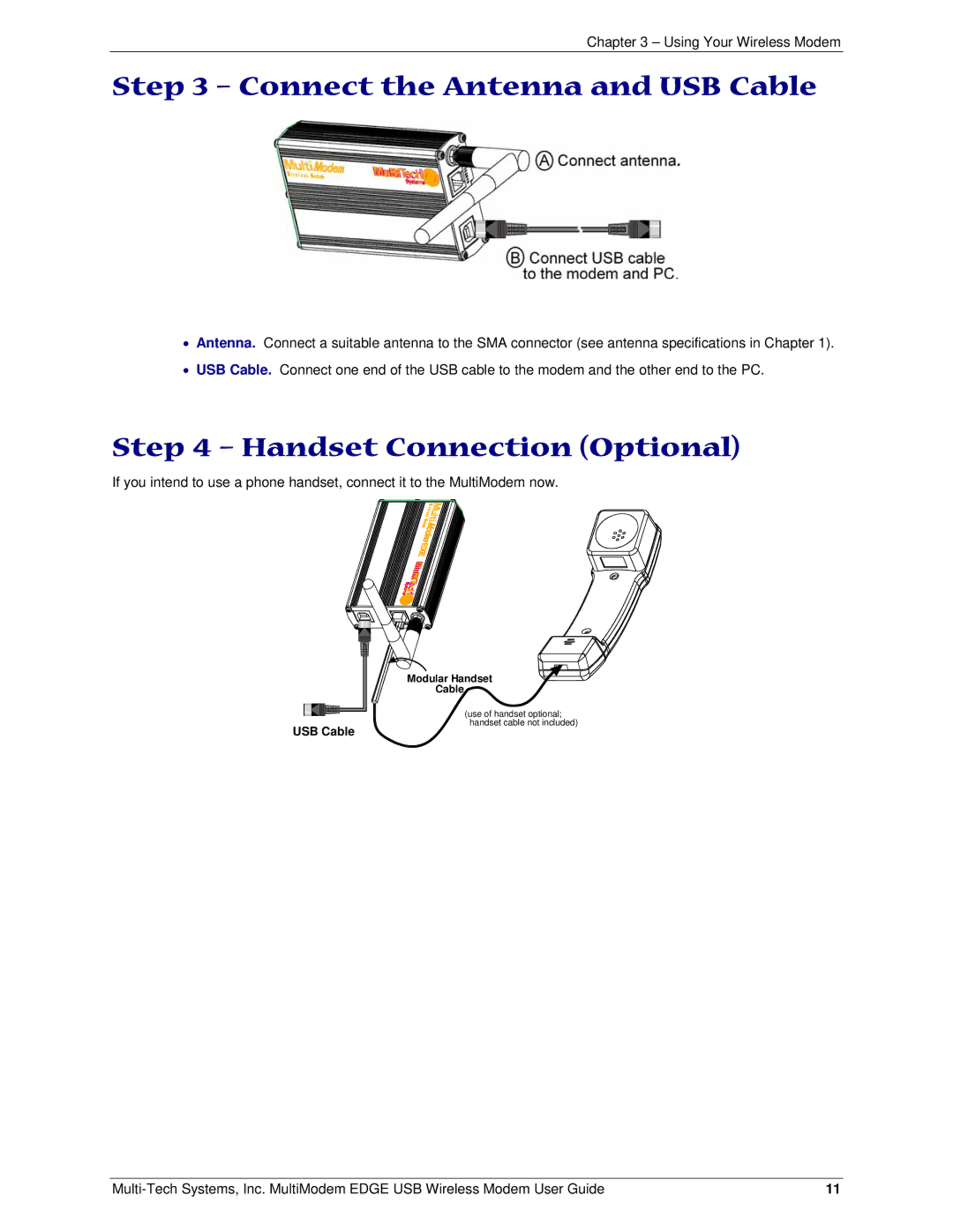 Multi-Tech Systems MTCBA-E-U manual Connect the Antenna and USB Cable, Handset Connection Optional 