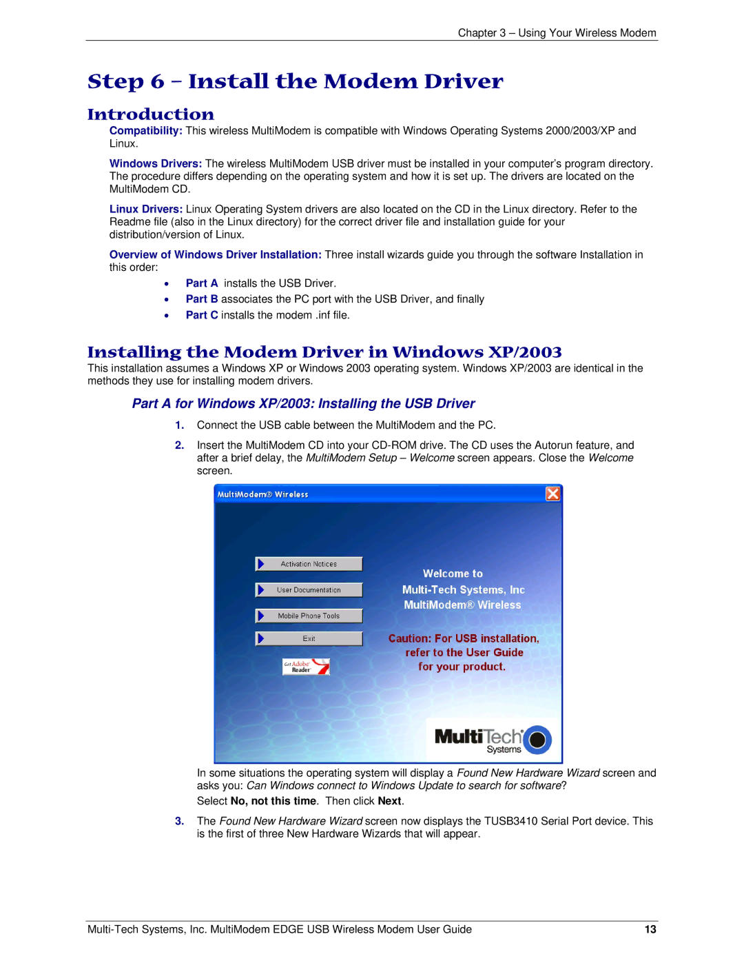 Multi-Tech Systems MTCBA-E-U manual Install the Modem Driver, Introduction, Installing the Modem Driver in Windows XP/2003 