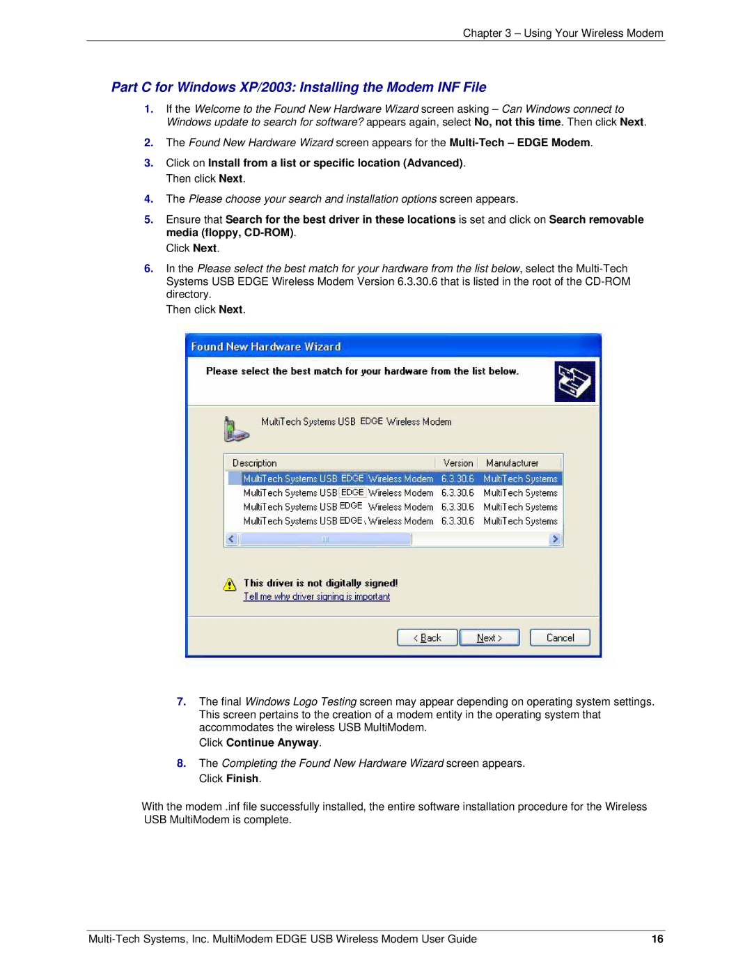 Multi-Tech Systems MTCBA-E-U manual Part C for Windows XP/2003 Installing the Modem INF File 