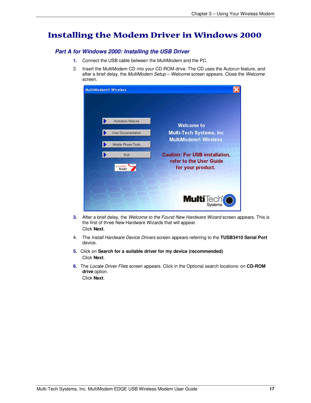 Multi-Tech Systems MTCBA-E-U Installing the Modem Driver in Windows, Part a for Windows 2000 Installing the USB Driver 