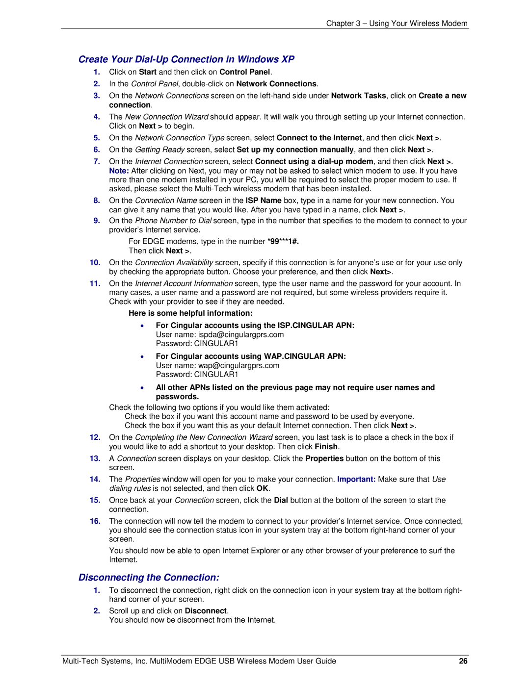 Multi-Tech Systems MTCBA-E-U manual Create Your Dial-Up Connection in Windows XP, Disconnecting the Connection 