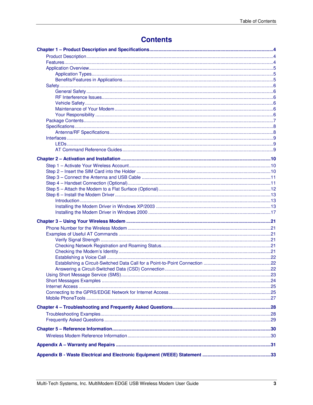 Multi-Tech Systems MTCBA-E-U manual Contents 