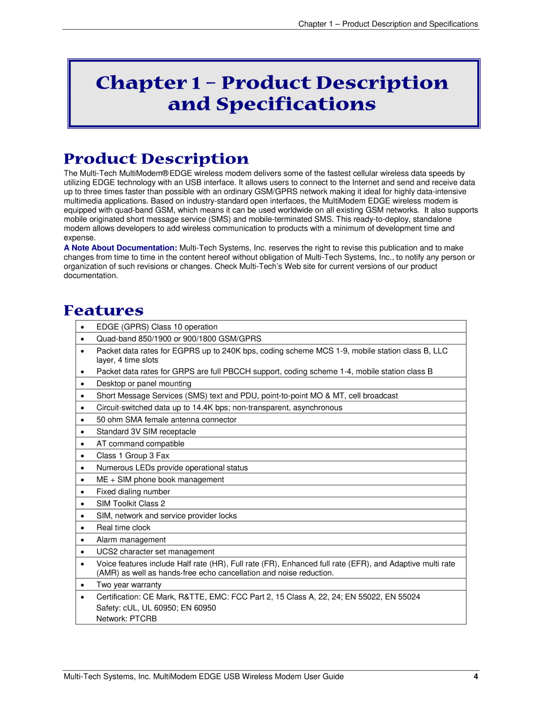 Multi-Tech Systems MTCBA-E-U manual Product Description Specifications, Features 