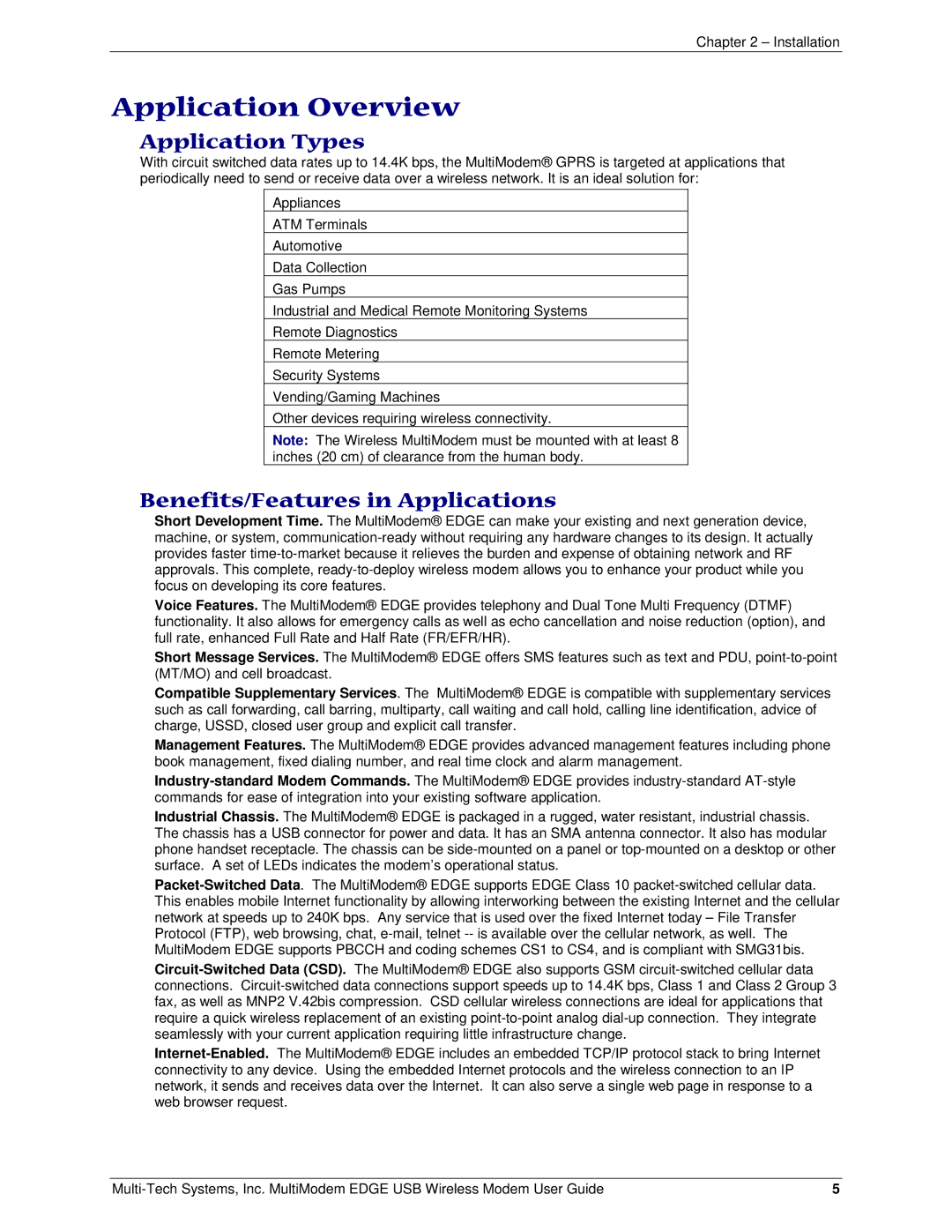 Multi-Tech Systems MTCBA-E-U manual Application Overview, Application Types, Benefits/Features in Applications 