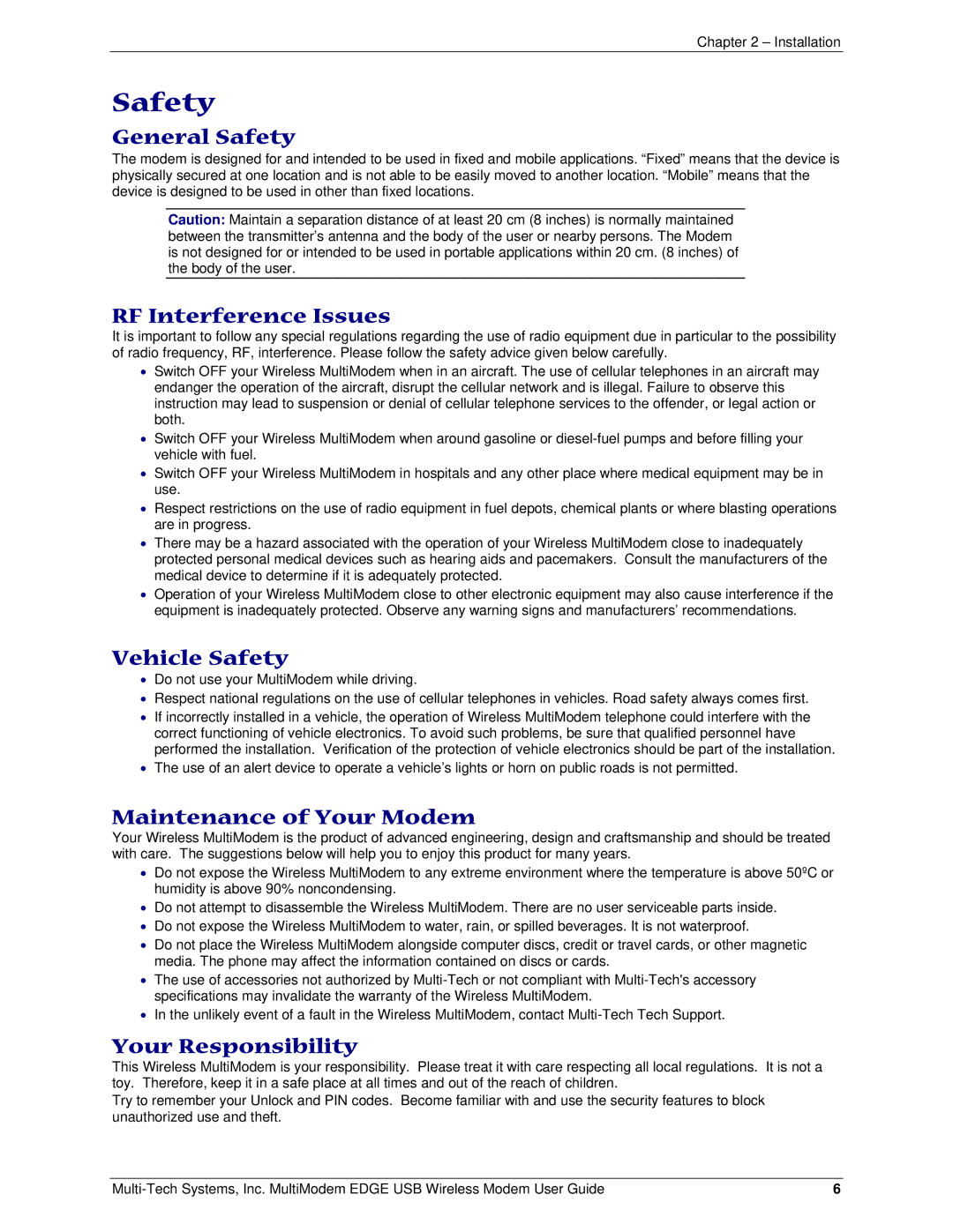 Multi-Tech Systems MTCBA-E-U manual Safety 