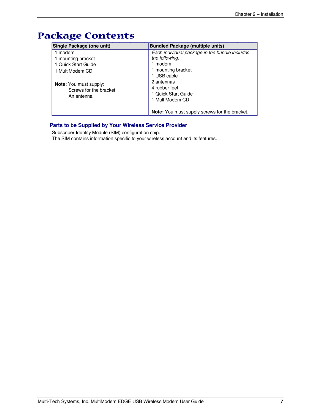 Multi-Tech Systems MTCBA-E-U manual Package Contents 