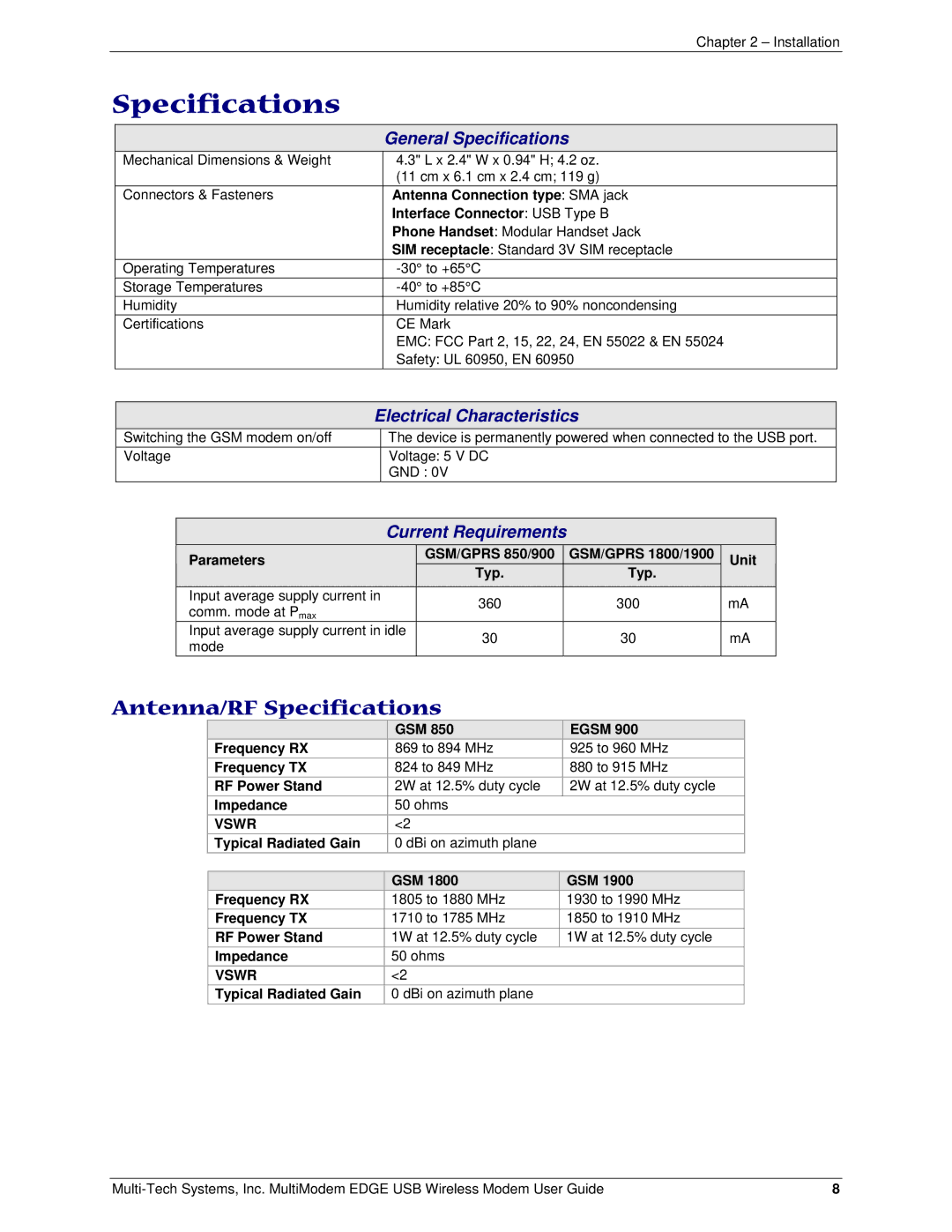 Multi-Tech Systems MTCBA-E-U manual Antenna/RF Specifications, General Specifications, Electrical Characteristics 