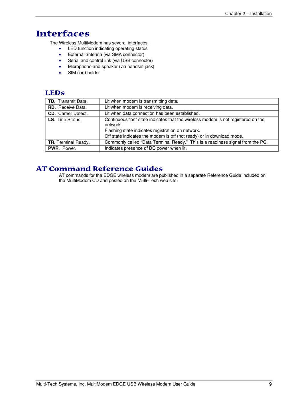 Multi-Tech Systems MTCBA-E-U manual Interfaces, LEDs, AT Command Reference Guides 