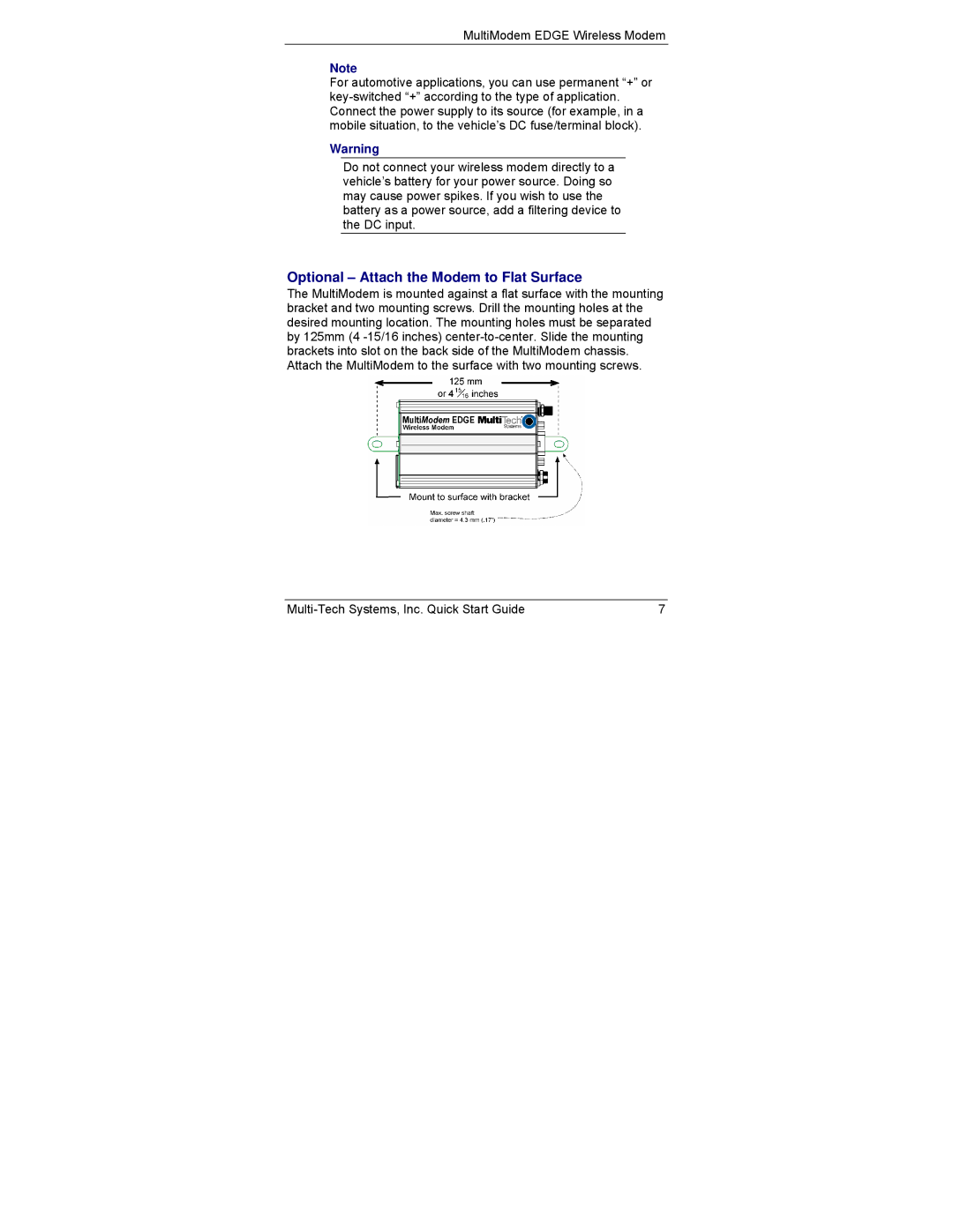 Multi-Tech Systems MTCBA-E quick start Optional Attach the Modem to Flat Surface 