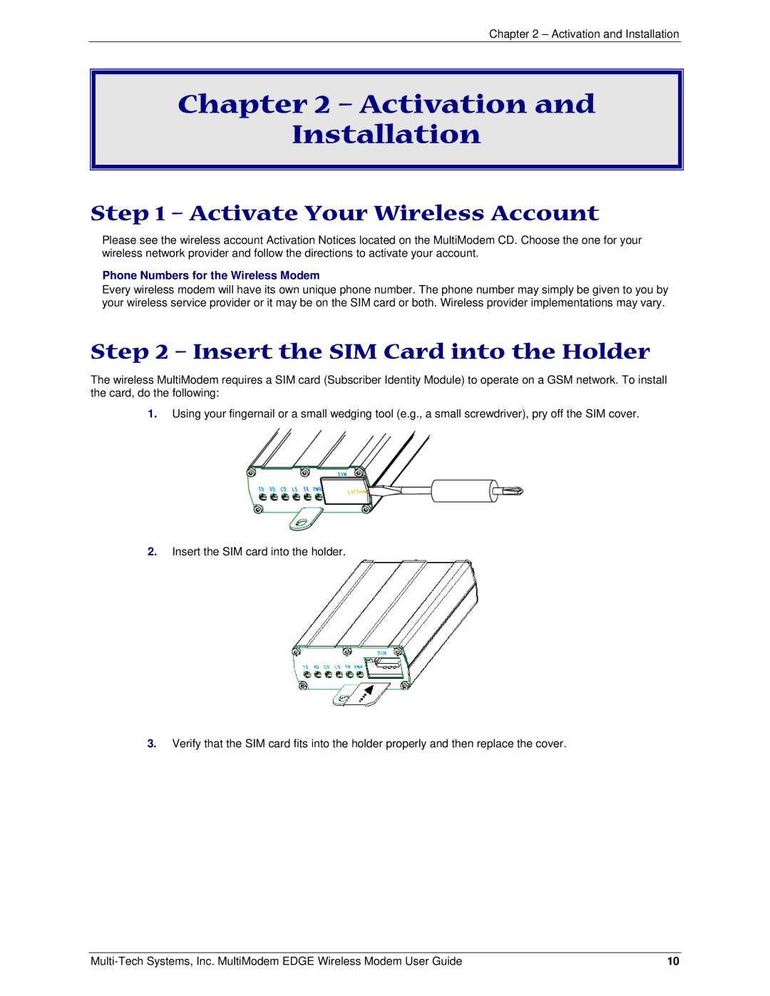 Multi-Tech Systems MTCBA-E Activation Installation, Activate Your Wireless Account, Insert the SIM Card into the Holder 