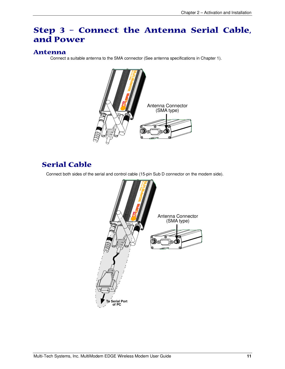 Multi-Tech Systems MTCBA-E manual Connect the Antenna Serial Cable, and Power 