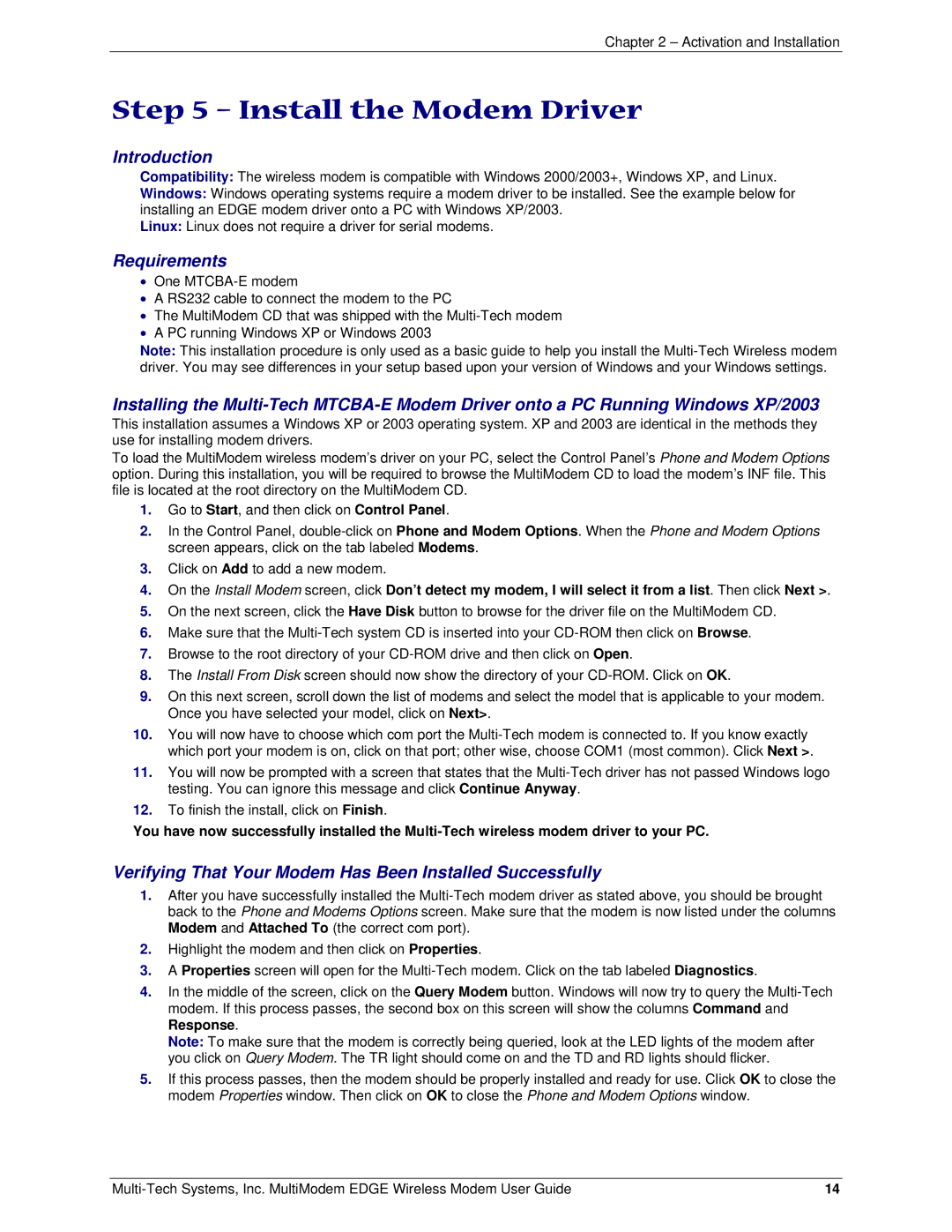 Multi-Tech Systems MTCBA-E manual Install the Modem Driver, Introduction, Requirements 