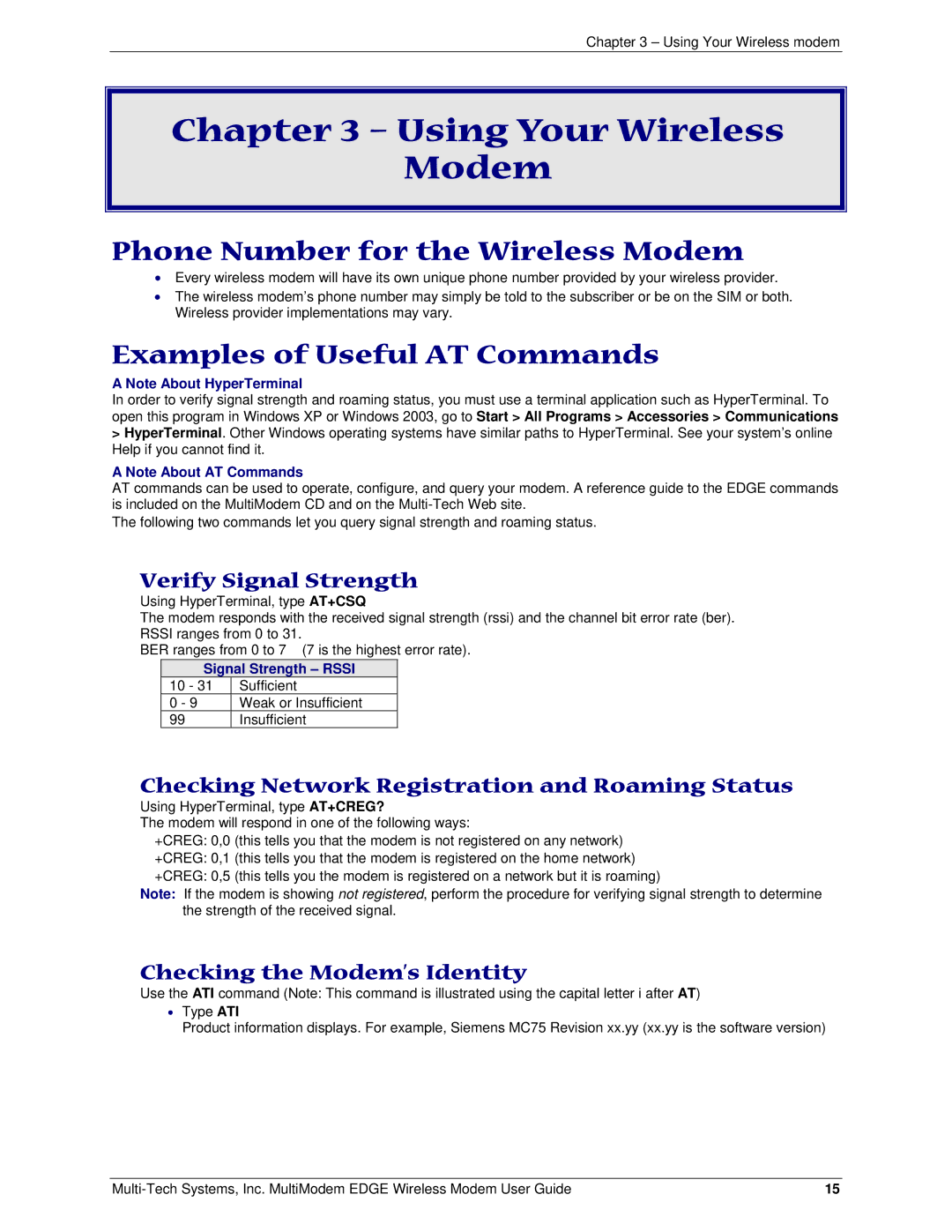 Multi-Tech Systems MTCBA-E Using Your Wireless Modem, Phone Number for the Wireless Modem, Examples of Useful AT Commands 