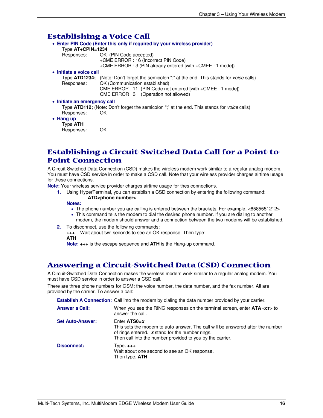 Multi-Tech Systems MTCBA-E manual Establishing a Voice Call, Answering a Circuit-Switched Data CSD Connection 