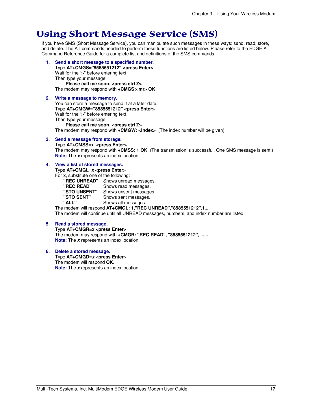 Multi-Tech Systems MTCBA-E manual Using Short Message Service SMS, Write a message to memory, Read a stored message 