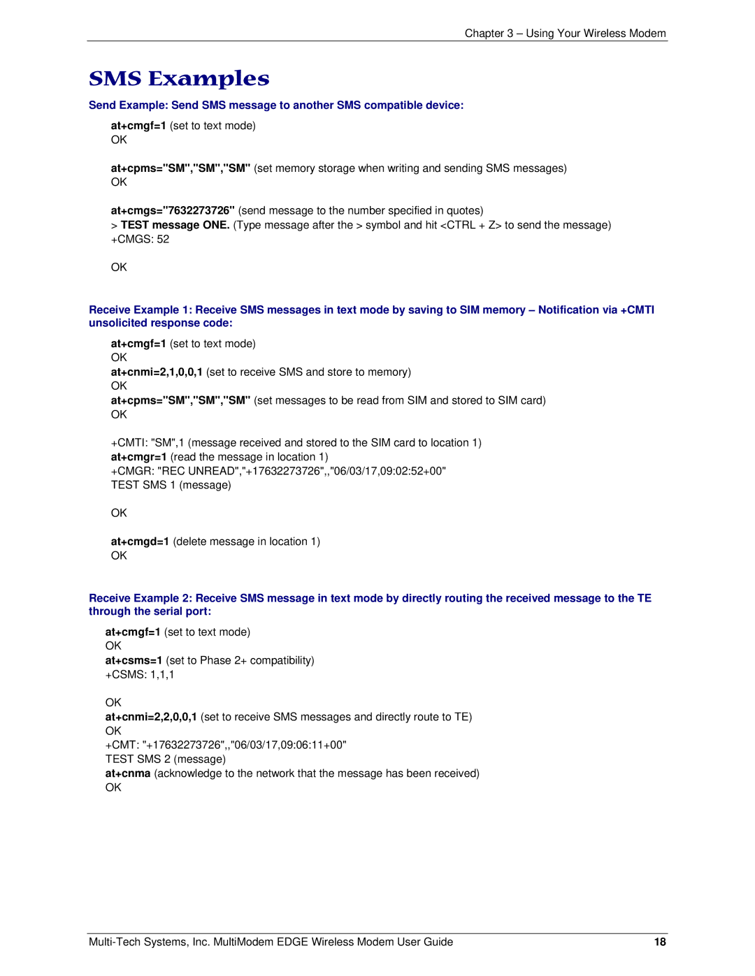 Multi-Tech Systems MTCBA-E manual SMS Examples 