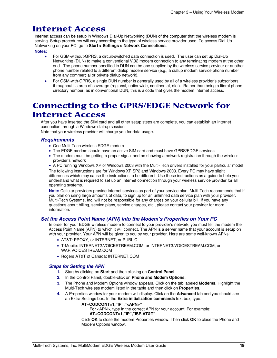 Multi-Tech Systems MTCBA-E manual Connecting to the GPRS/EDGE Network for Internet Access 