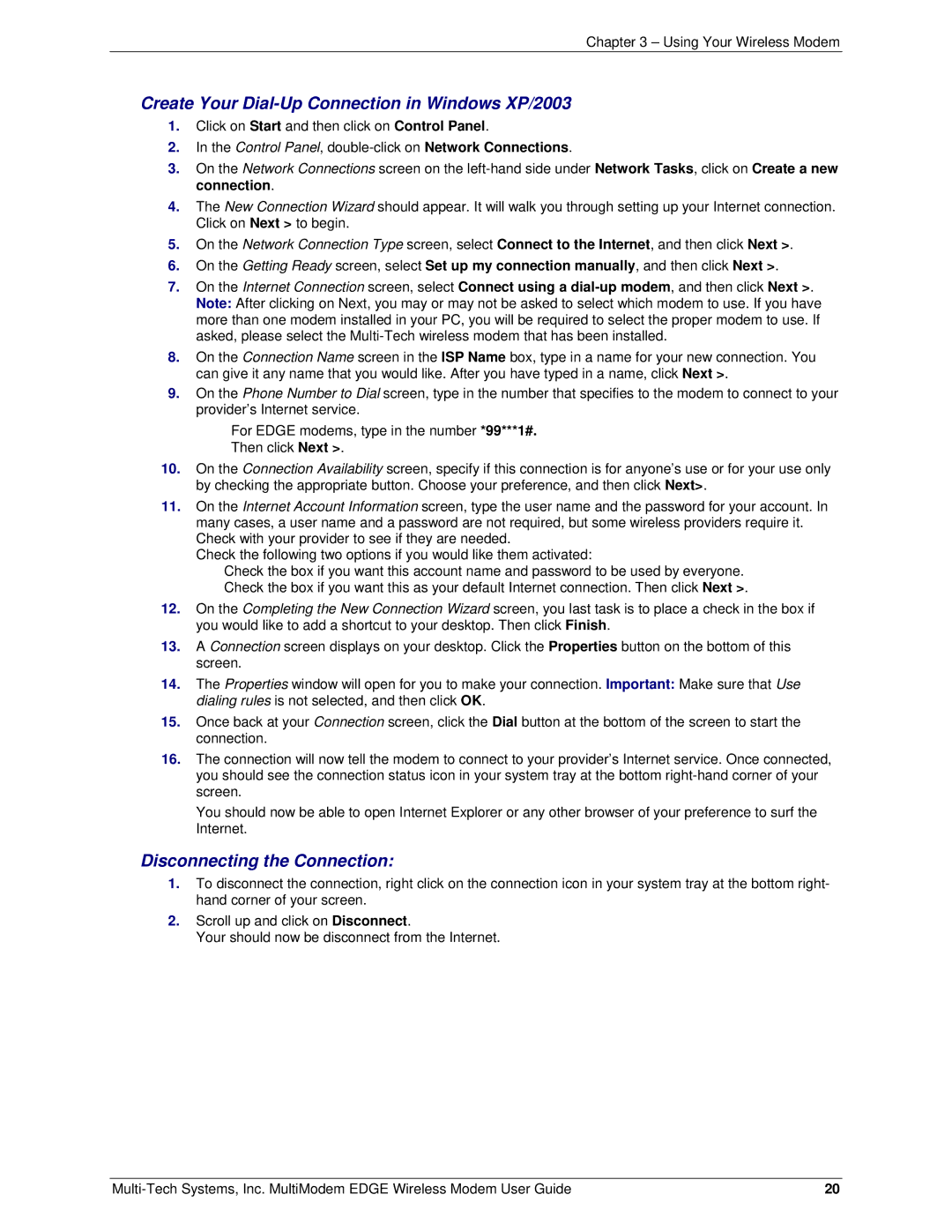 Multi-Tech Systems MTCBA-E manual Create Your Dial-Up Connection in Windows XP/2003, Disconnecting the Connection 