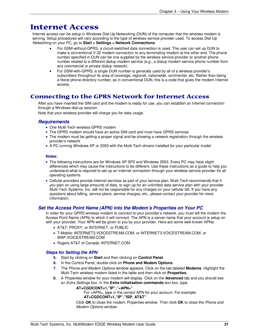 Multi-Tech Systems MTCBA-E manual Connecting to the Gprs Network for Internet Access, AT+CGDCONT=1,IP,ISP. AT&T 