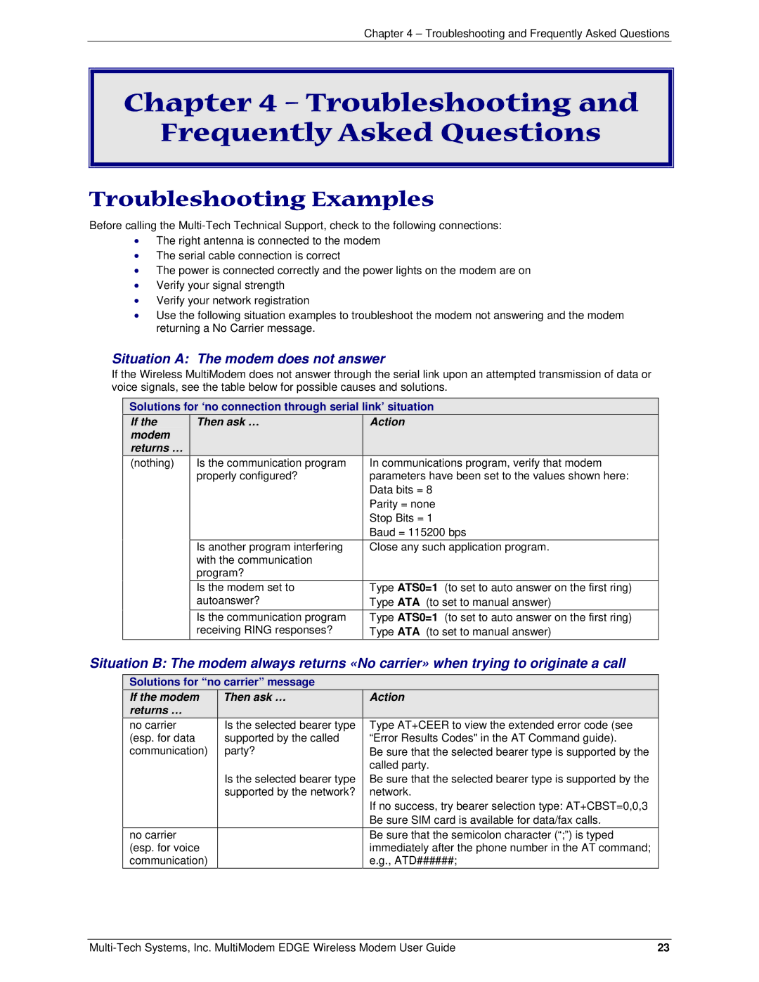 Multi-Tech Systems MTCBA-E manual Troubleshooting Frequently Asked Questions, Troubleshooting Examples 