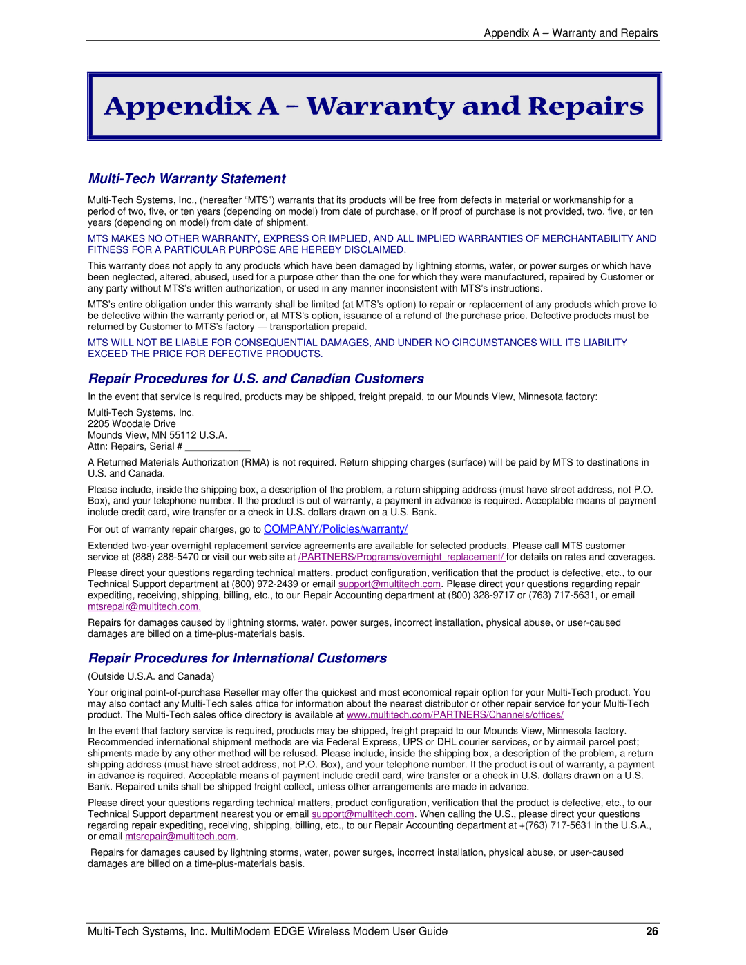 Multi-Tech Systems MTCBA-E manual Appendix a Warranty and Repairs, Multi-Tech Warranty Statement 