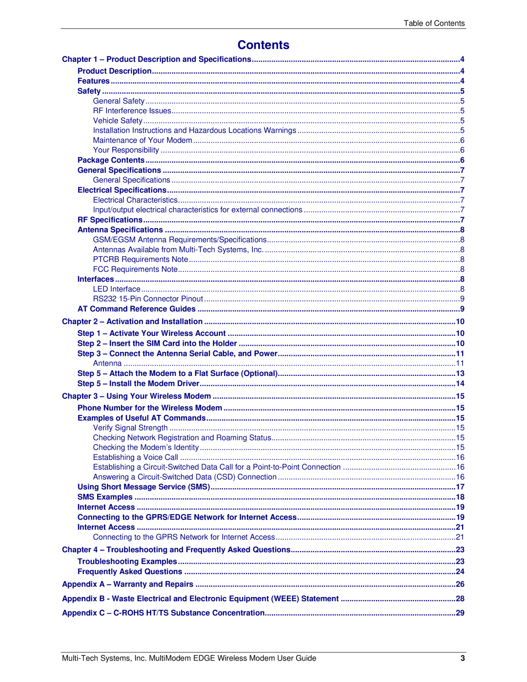 Multi-Tech Systems MTCBA-E manual Contents 