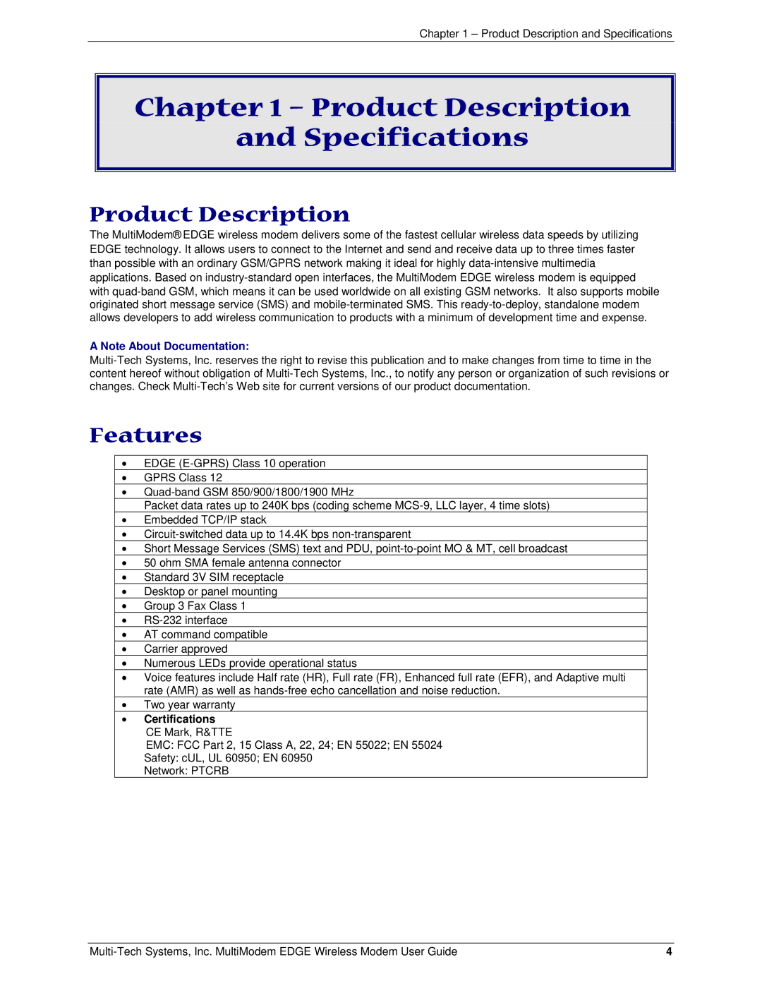 Multi-Tech Systems MTCBA-E manual Product Description Specifications, Features, Certifications 