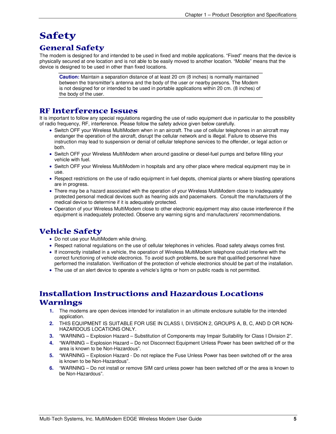 Multi-Tech Systems MTCBA-E manual General Safety, RF Interference Issues, Vehicle Safety 