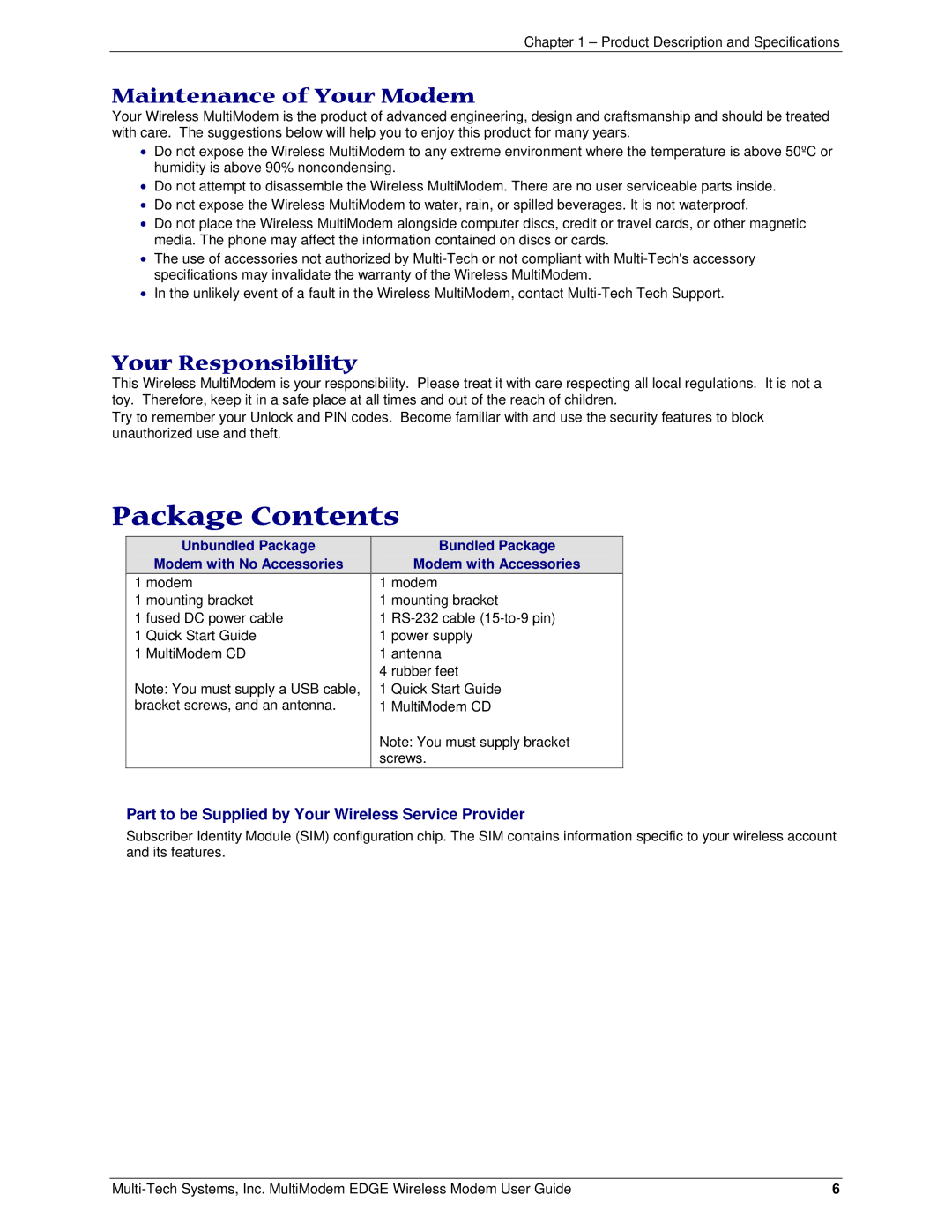 Multi-Tech Systems MTCBA-E manual Package Contents 