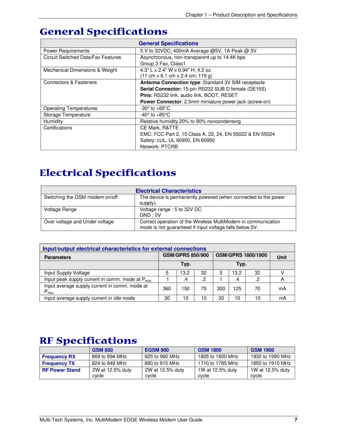 Multi-Tech Systems MTCBA-E manual General Specifications, Electrical Specifications, RF Specifications 