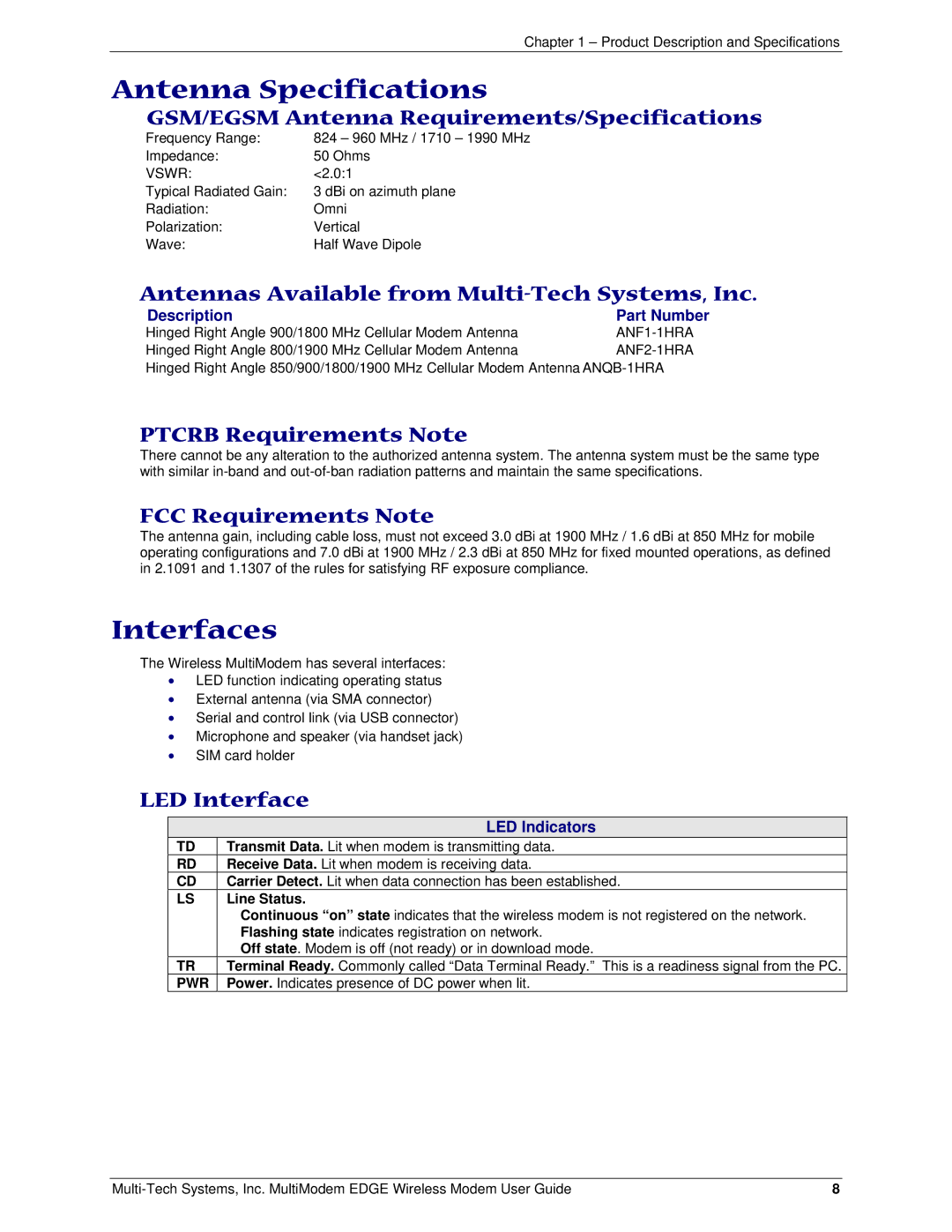 Multi-Tech Systems MTCBA-E manual Antenna Specifications, Interfaces 