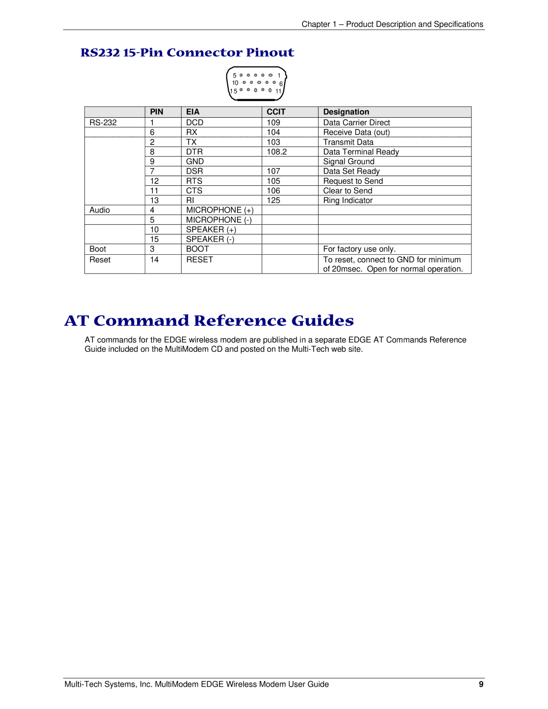 Multi-Tech Systems MTCBA-E manual AT Command Reference Guides, RS232 15-Pin Connector Pinout, Designation 