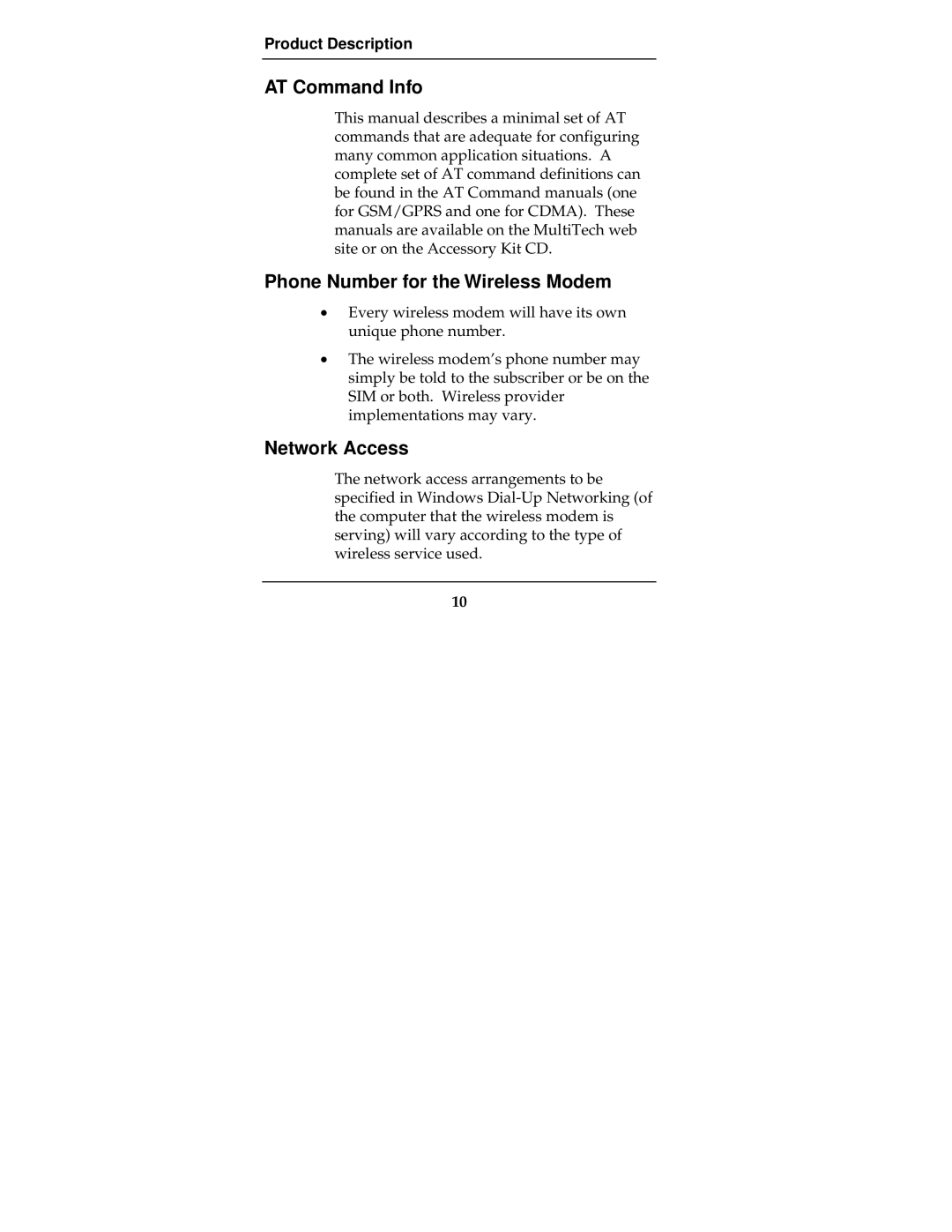 Multi-Tech Systems MTCBA-G-F2 manual AT Command Info, Phone Number for the Wireless Modem, Network Access 