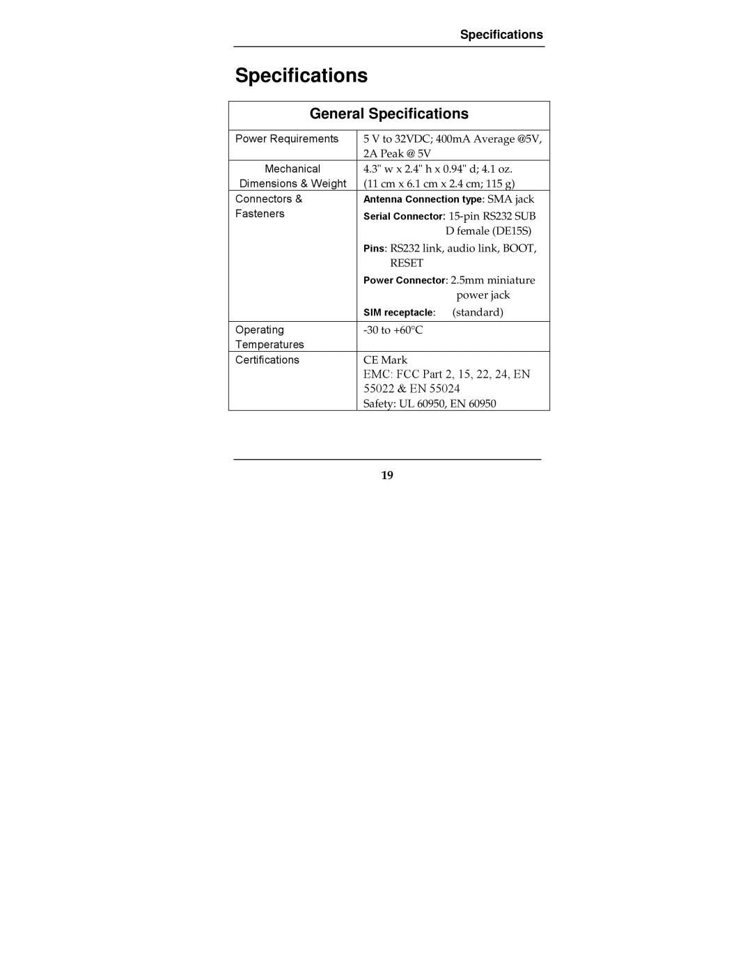 Multi-Tech Systems MTCBA-G-F2 manual General Specifications 