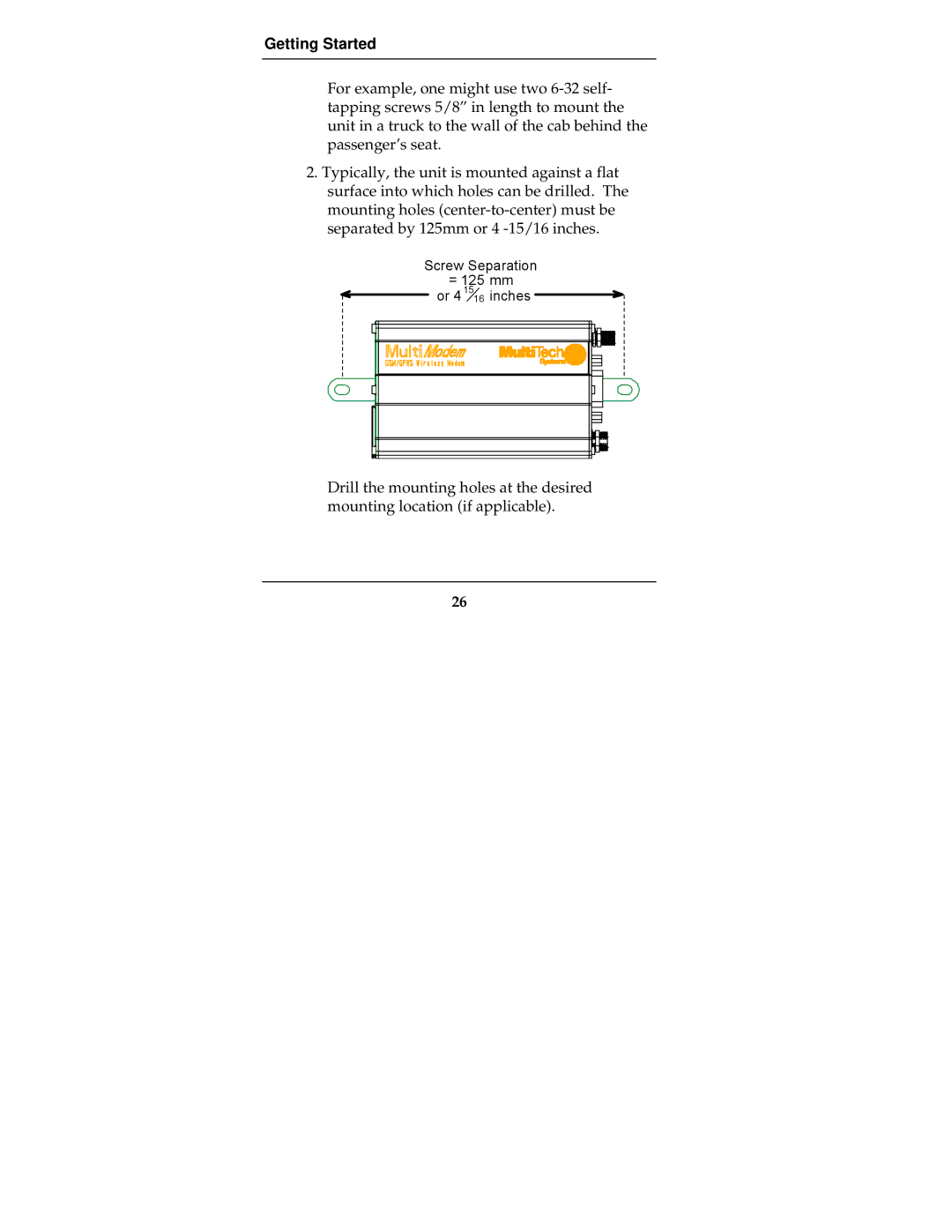 Multi-Tech Systems MTCBA-G-F2 manual Screw Separation = 125 mm or 41516 inches 