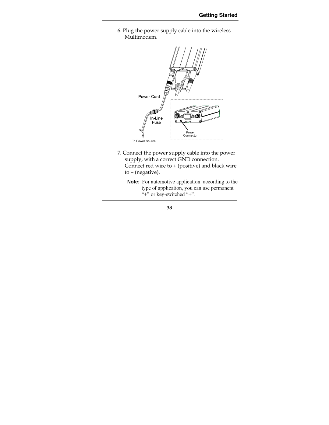 Multi-Tech Systems MTCBA-G-F2 manual Plug the power supply cable into the wireless Multimodem 