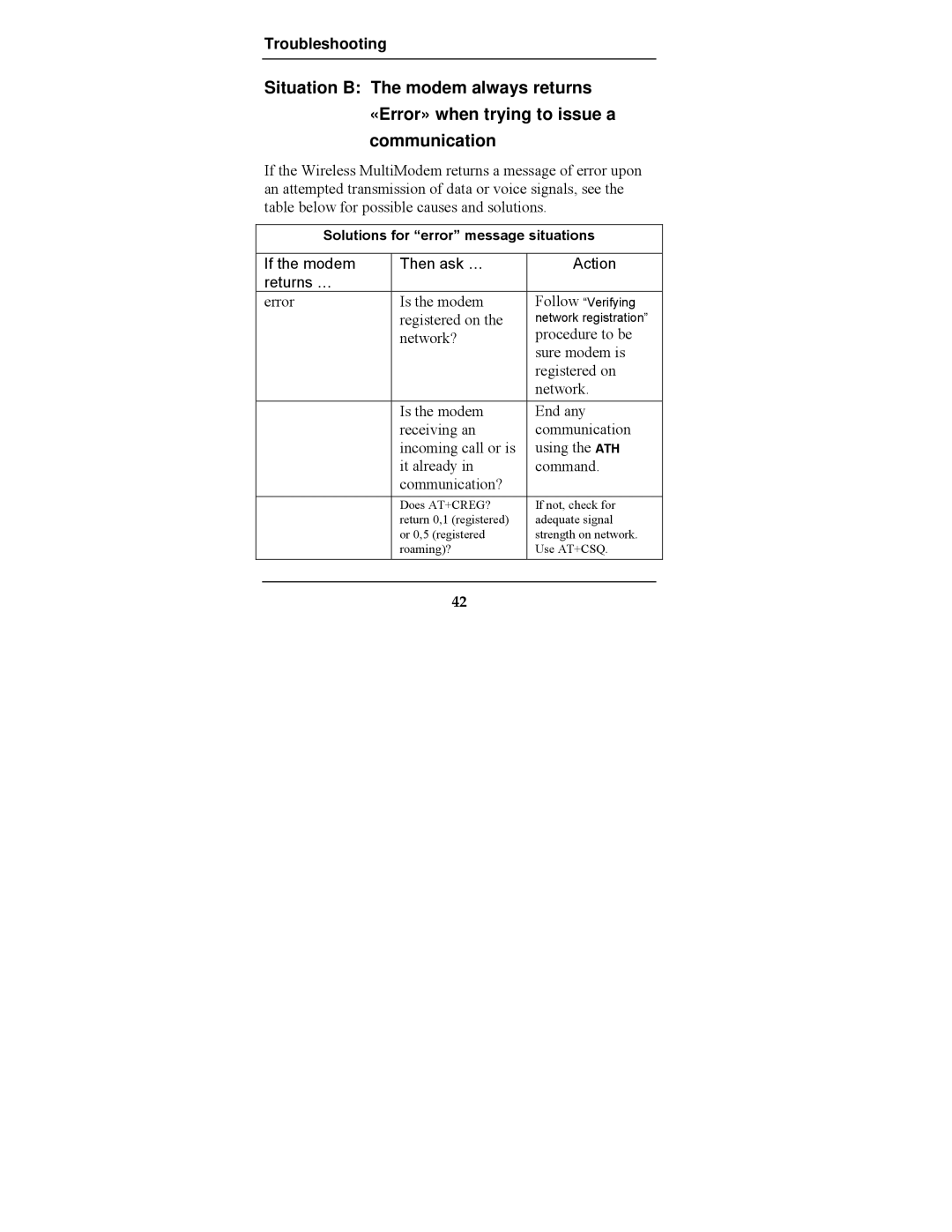 Multi-Tech Systems MTCBA-G-F2 manual If the modem Then ask … Action Returns … 