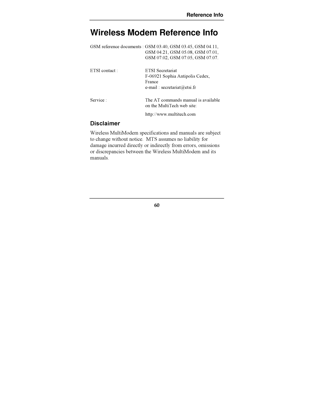 Multi-Tech Systems MTCBA-G-F2 manual Wireless Modem Reference Info, Disclaimer 