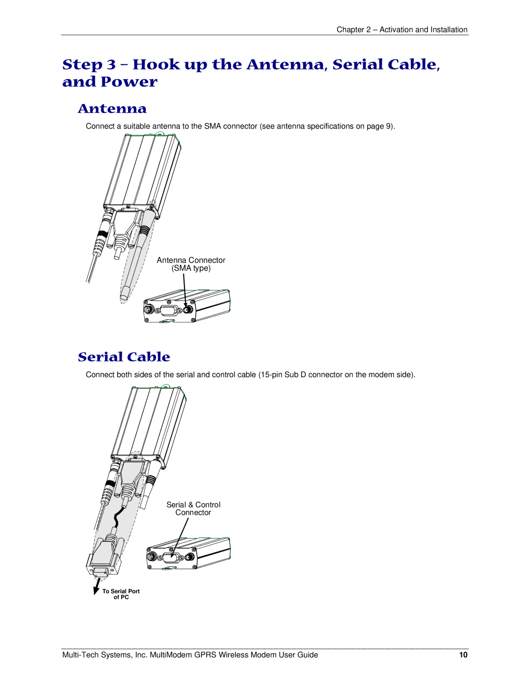 Multi-Tech Systems MTCBA-G-F1, F2 manual Hook up the Antenna, Serial Cable, and Power 